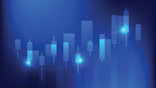 finance and business investment. stock market candlesticks chart and bar graph on blue background. economy growth vector