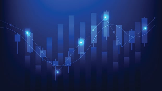 finance and business investment. stock market candlesticks chart and bar graph on blue background. economy growth and increased earning vector