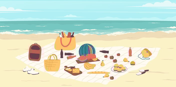 Beach picnic with fruits and snacks vector
