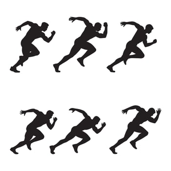 Six black silhouettes of athletes running motion speed vector