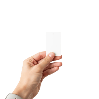 A persons hand is holding a small blank white rectangular card or tag against a png