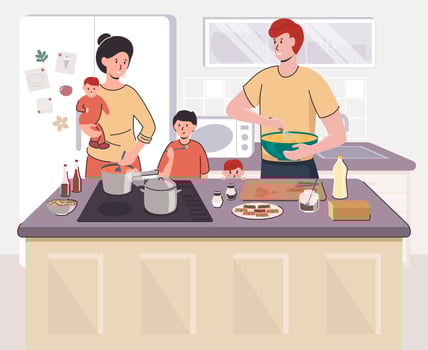Family cooking together in kitchen vector