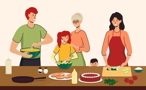 Family preparing food in the kitchen vector