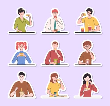 Group of people eating different snacks vector
