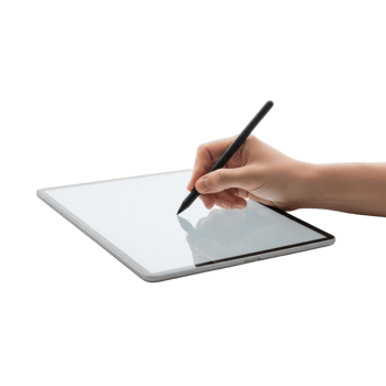 A hand holding a stylus actively writes or draws on a blank reflective digital png