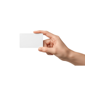 A persons hand is holding a blank white card against a transparent background png