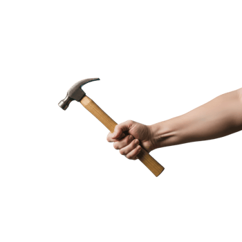 A persons hand firmly grips the wooden handle of a metal hammer poised for use png