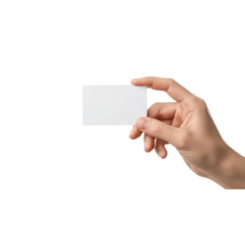 A persons hand is holding a blank white card against a clean transparent png