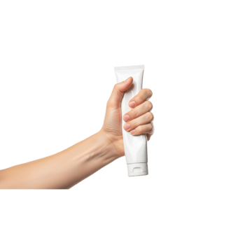 A persons hand is holding a white tube of cream against a clean transparent png