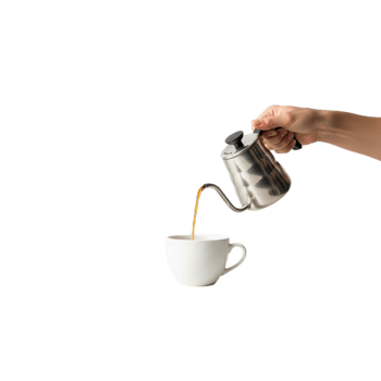 A hand holds a gooseneck kettle pouring a stream of hot coffee into a white ceramic png