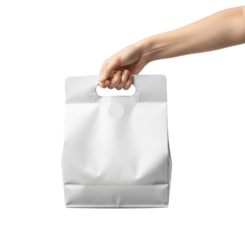 A persons hand is holding a white paper shopping bag with handles featuring a png