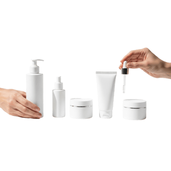 Hands holding white cosmetic products on a black background png