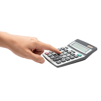 A persons hand is using a calculator pressing a button with their index finger on png
