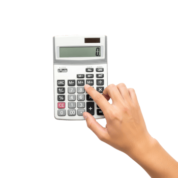 A persons finger presses a button on a white calculator with a digital display png