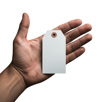 A persons open palm holds a blank white rectangular tag with a small grommet hole png
