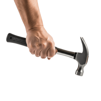 A persons hand firmly grips a shiny metal claw hammer ready for construction or png