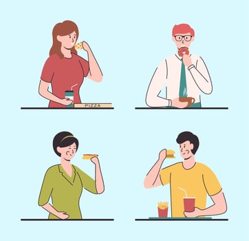 Cartoon Color Characters People Eating Different Types Fast Food Concept. vector
