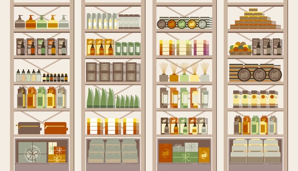 Products on stylish display shelves vector