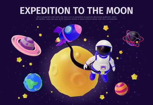 Astronaut in space with planets and rocket vector