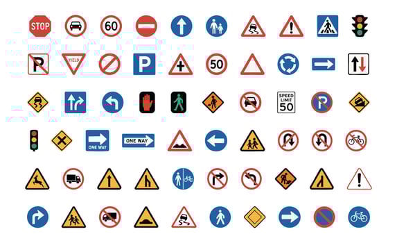 Collection of diverse road and traffic signs, assorted shapes and colors. concept of transportation, safety, driving, regulations, street symbols, roadside indications, traffic management, big set vector