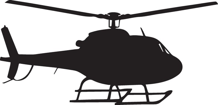 Black helicopter silhouette with rotor and landing gear blades tail vector
