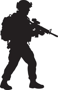 Soldier aiming rifle helmet backpack tactical gear military combat vector