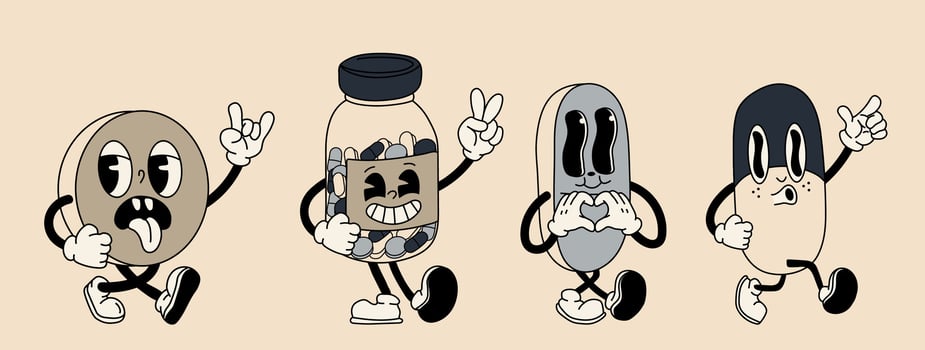 A colorful and creative set of funky cartoon pill mascots illustrated with a psychedelic aesthetic vector