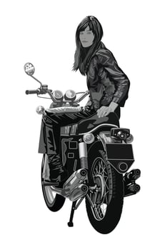 Woman riding vintage motorcycle illustration vector