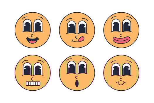 Cute Round Emoji Faces with Big Eyes. Cartoon Expression Pack for Chat and Stickers vector
