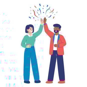 Happy Diverse Colleagues Giving High Five with Confetti Celebration, Teamwork, Achievement, and Office Success Concept in Flat Cartoon Style vector