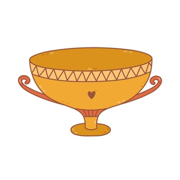 Lovely bright doodle antique Greek bowl with Hellenic ornament and heart. Classical ceramic deep wide vase with handles, vessel, jar. Trendy ancient pottery of Greece, Roma with hand drawn outline. vector