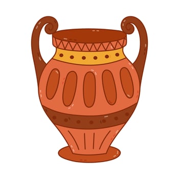 Lovely cartoon ancient Greek amphora with Hellenic ornament and handles. Classical vase, jar or ceramic pot with decoration. Trendy doodle of antique Greece patterned pottery with hand drawn outline. vector