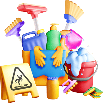 Colorful 3D Cleaning Supplies Arrangement png