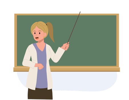education concept. Female teacher is teaching. teacher holding pointer at the chalkboard. illustration. vector