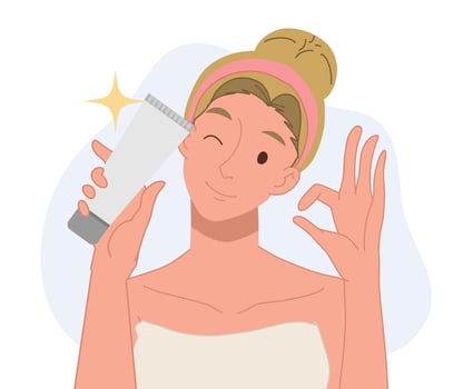 woman review skincare product. flat cartoon character illustration. vector