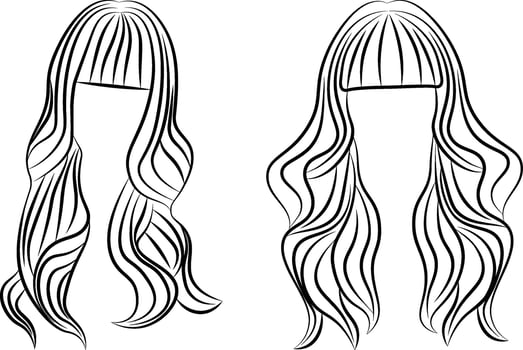 Elegant Women's Hairstyles with Bangs in Line Art, Front View. vector