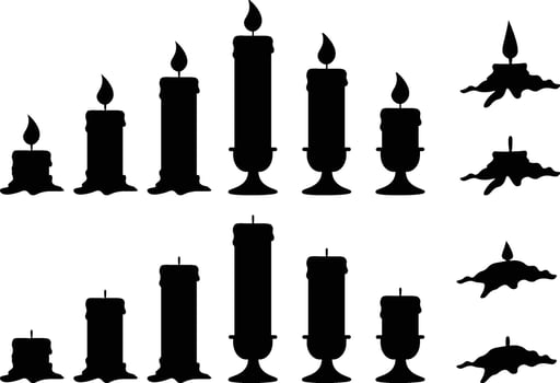 Silhouette Collection of Lit and Unlit Candles in Various Shapes. vector