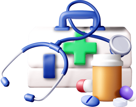 3D Medical Kit with Stethoscope and Pills png