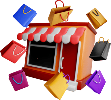 3D Shop with Colorful Shopping Bags Around png