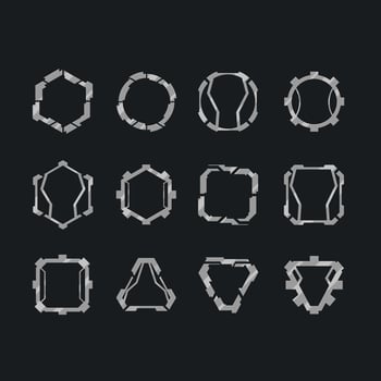 Set Of Military Futuristic Sci Fi Hud Frames Logo Icons Elements Metallic Hexagon Square Triangle Circle Shapes Silver Steel Metal Gray vector
