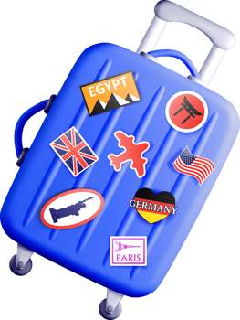 Colorful 3D Suitcase with Travel Stickers png