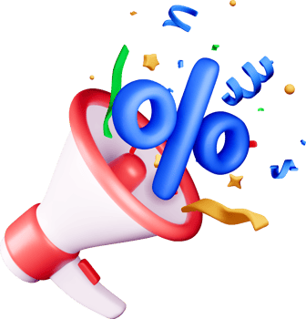3D Megaphone with Percent Symbol and Confetti png