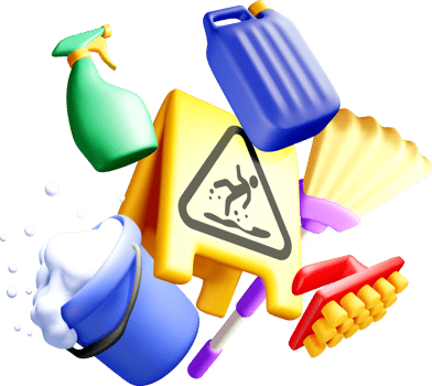 Colorful 3D Cleaning Supplies and Caution Sign png