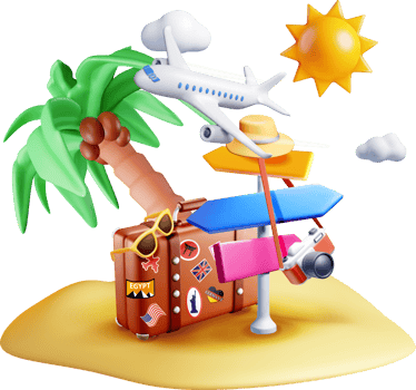 3D Vacation Travel Scene with Suitcase and Signs png