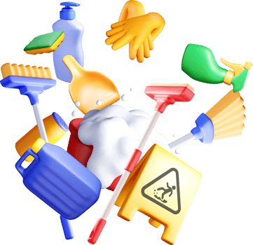 Colorful 3D Cleaning Supplies in Motion png