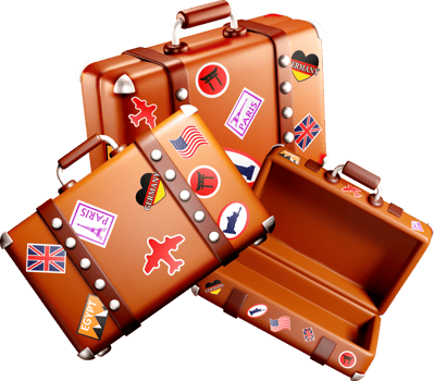 Colorful 3D Suitcases with Travel Stickers png