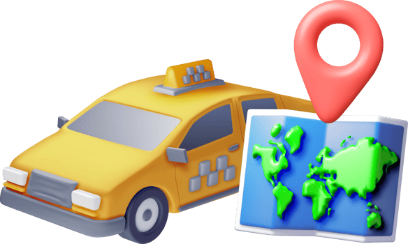 3D Taxi with World Map and Location Pin png