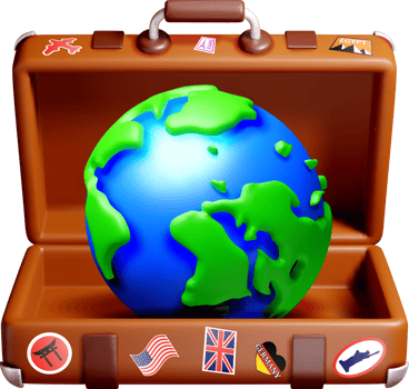 3D Globe Inside an Open Suitcase with Stickers png