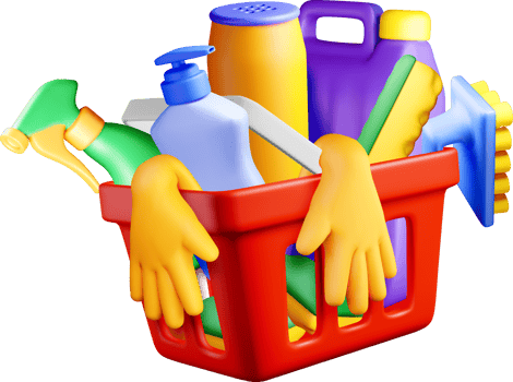 Colorful 3D Cleaning Supplies in a Basket. png