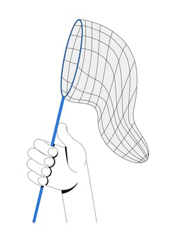 Hand holding catching net illustration. Gripping butterfly net catcher. Capturing tool, opportunity, abstract pursuit 2D cartoon image isolated on white. Editable flat clipart colorful vector
